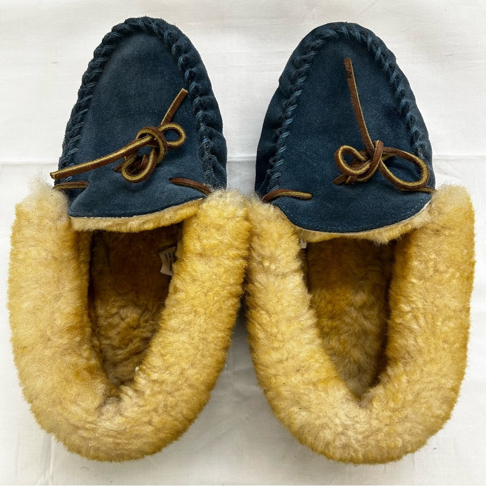 Navy Suede Shearling Lined Moccasin Slippers
